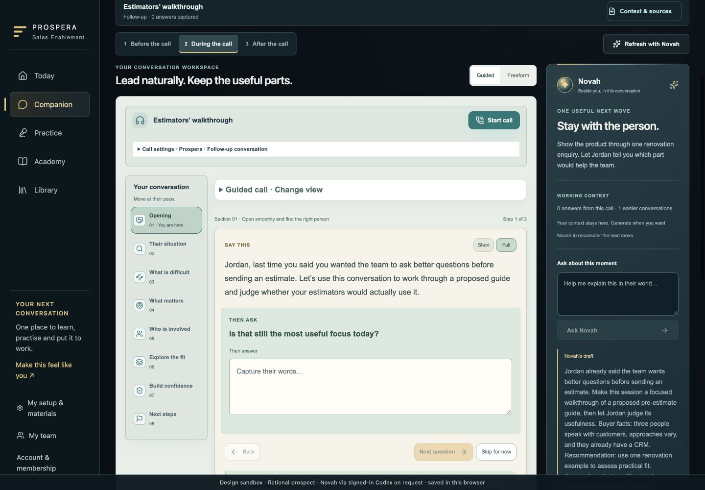 Actual local Sales Companion capture, with a spoken pitch, question, answer space and Novah guidance for fictional Jordan