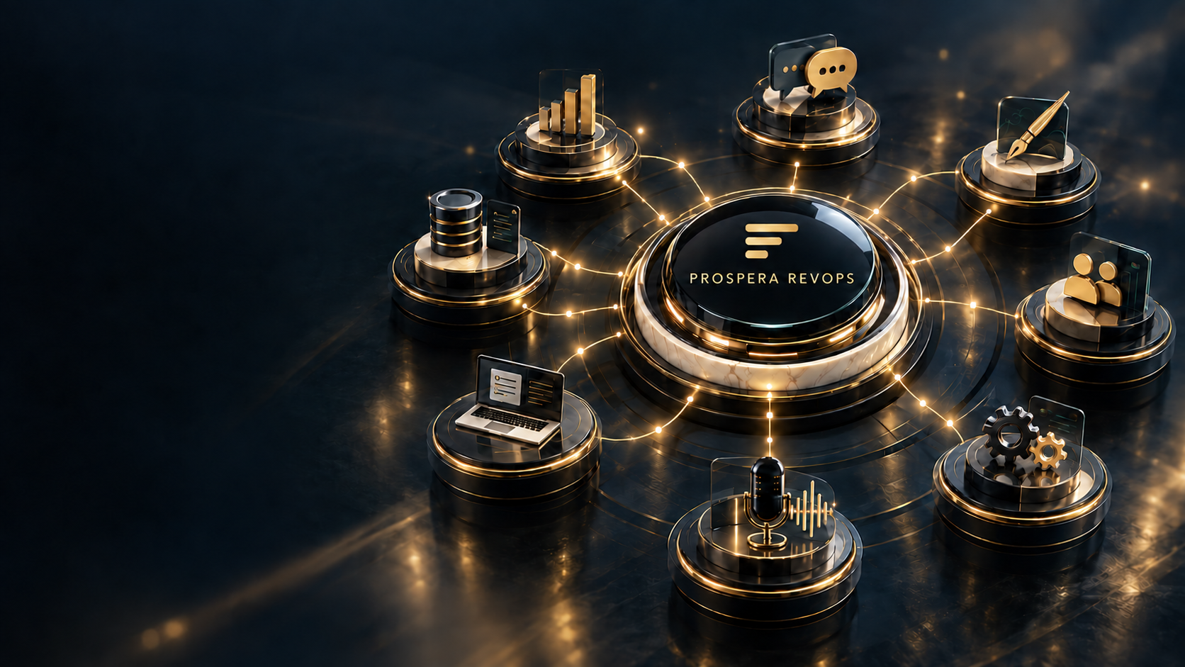 A cinematic Prospera RevOps command hub connecting eight service pedestals for growth, content, creative, sales, automation, voice, applications and operations