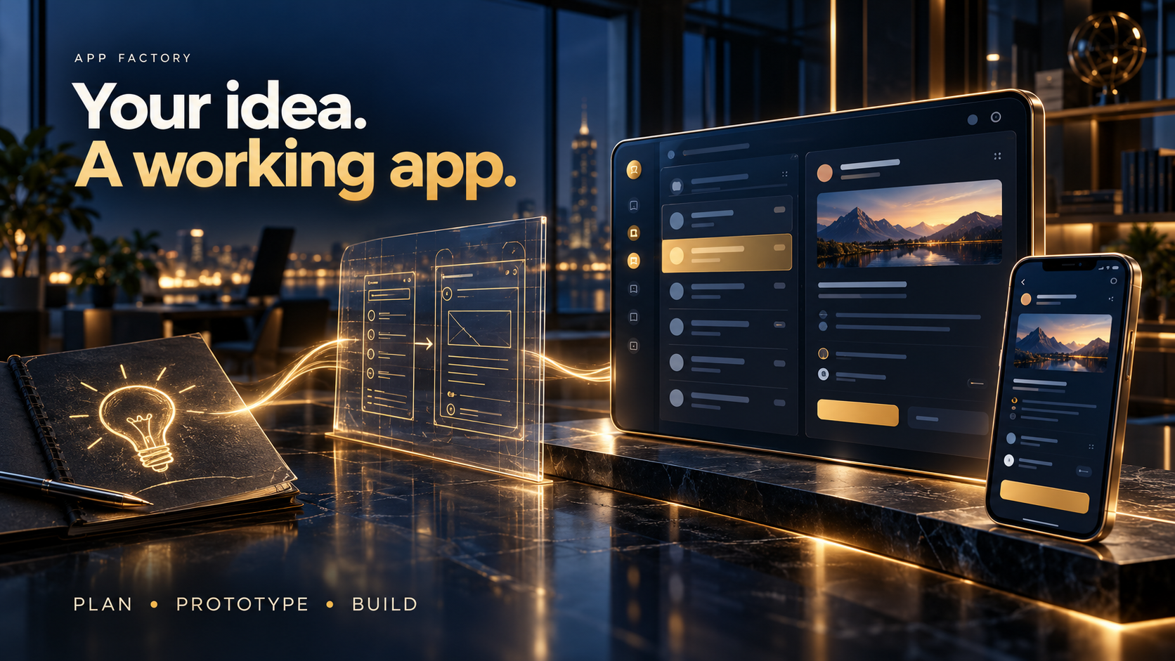 App Factory advertisement: an idea becomes a glass build plan, desktop application and phone. Text reads Your idea. A working app.