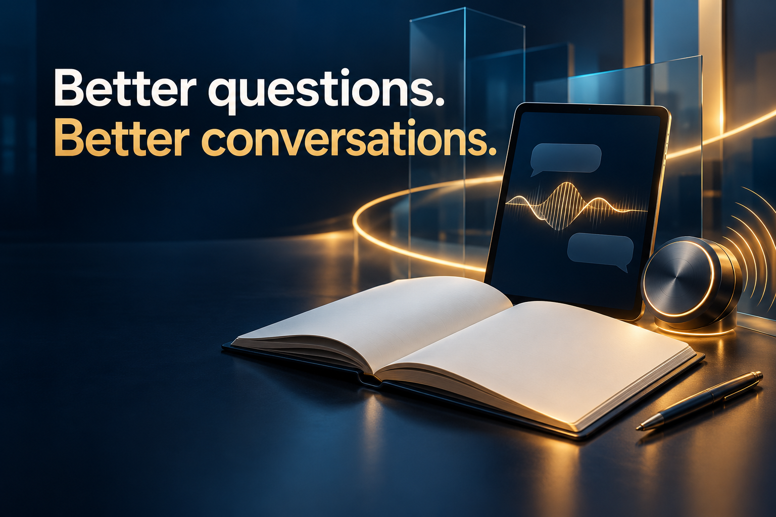 Better questions. Better conversations. A designed illustration connects a workbook, conversation screen and audio dial with warm gold light.