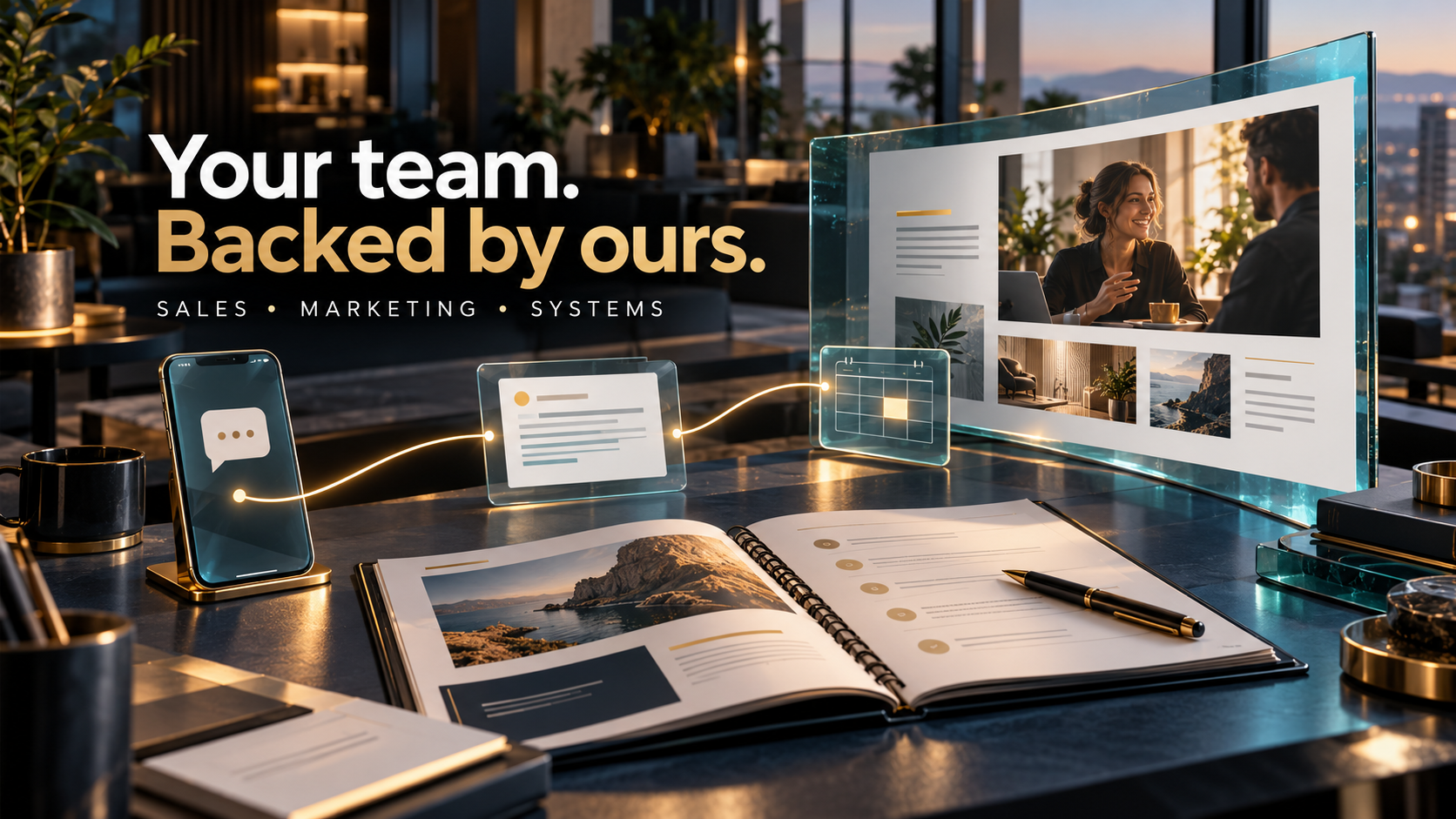 Your team. Backed by ours. Sales, marketing and systems illustrated through a dimensional creative studio, playbook and connected customer communication