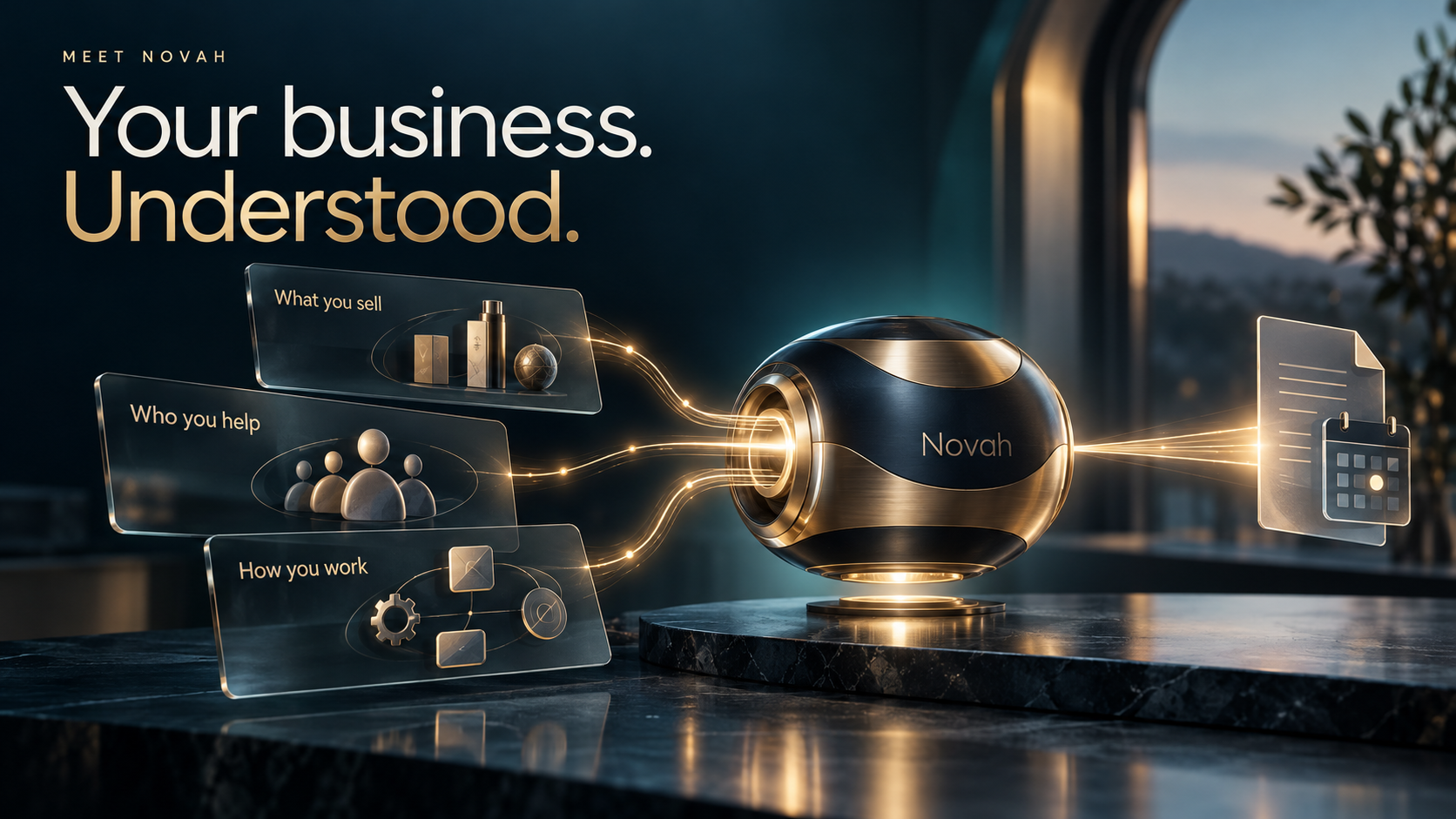 Your business. Understood. A designed illustration of what you sell, who you help and how you work feeding Novah and becoming a document or appointment