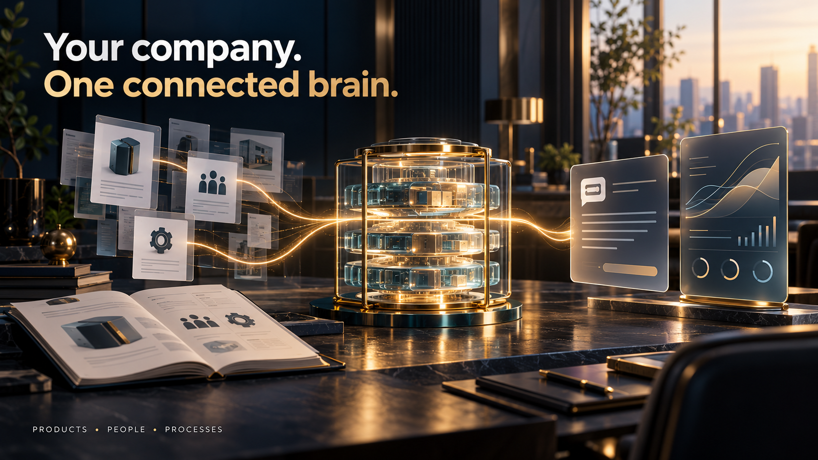 Designed company-intelligence concept: company knowledge connects with a question and the information needed to answer it.