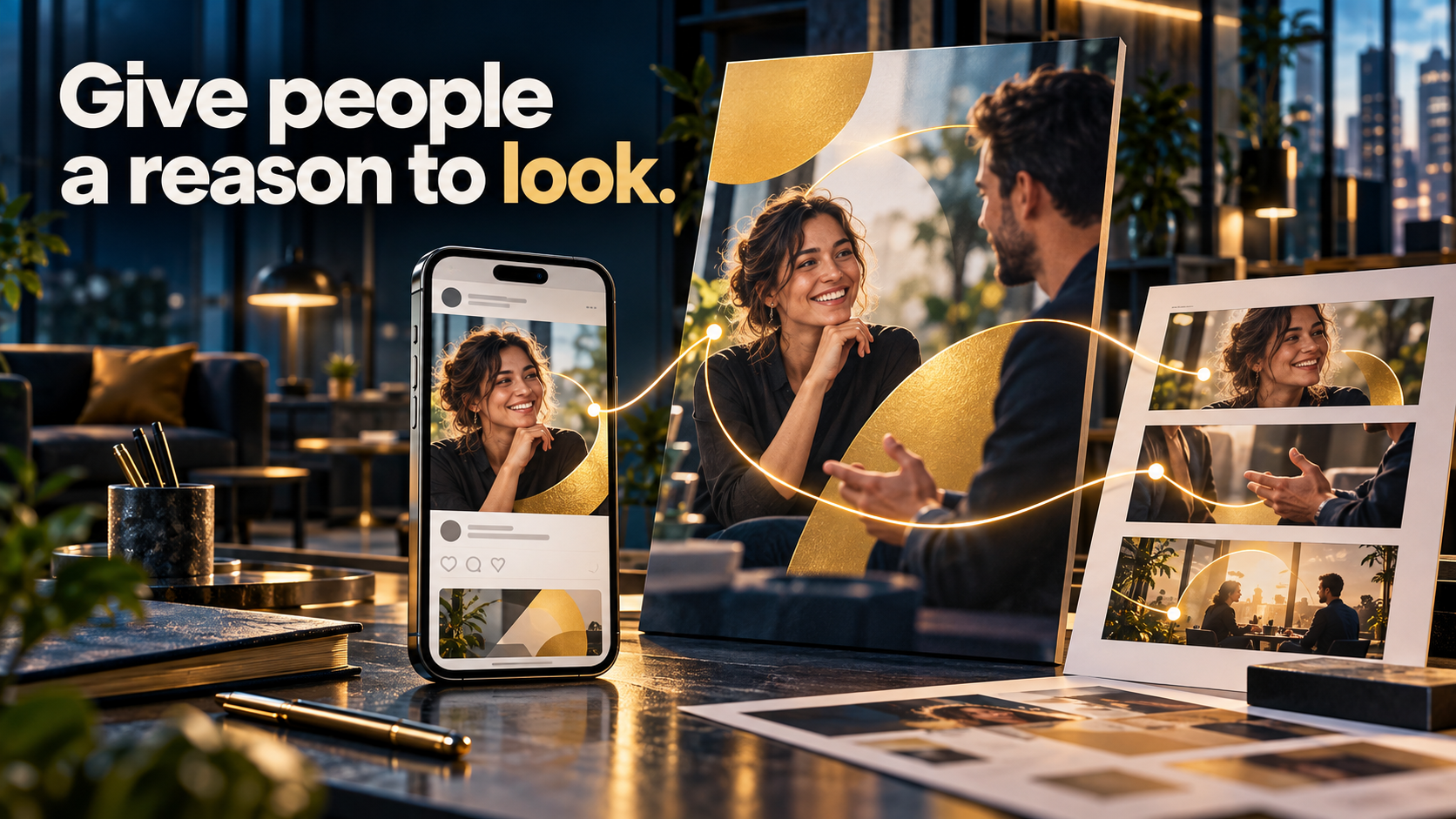 Marketing concept advertisement: Give people a reason to look. One clear business message connects a campaign poster, phone and storyboard.