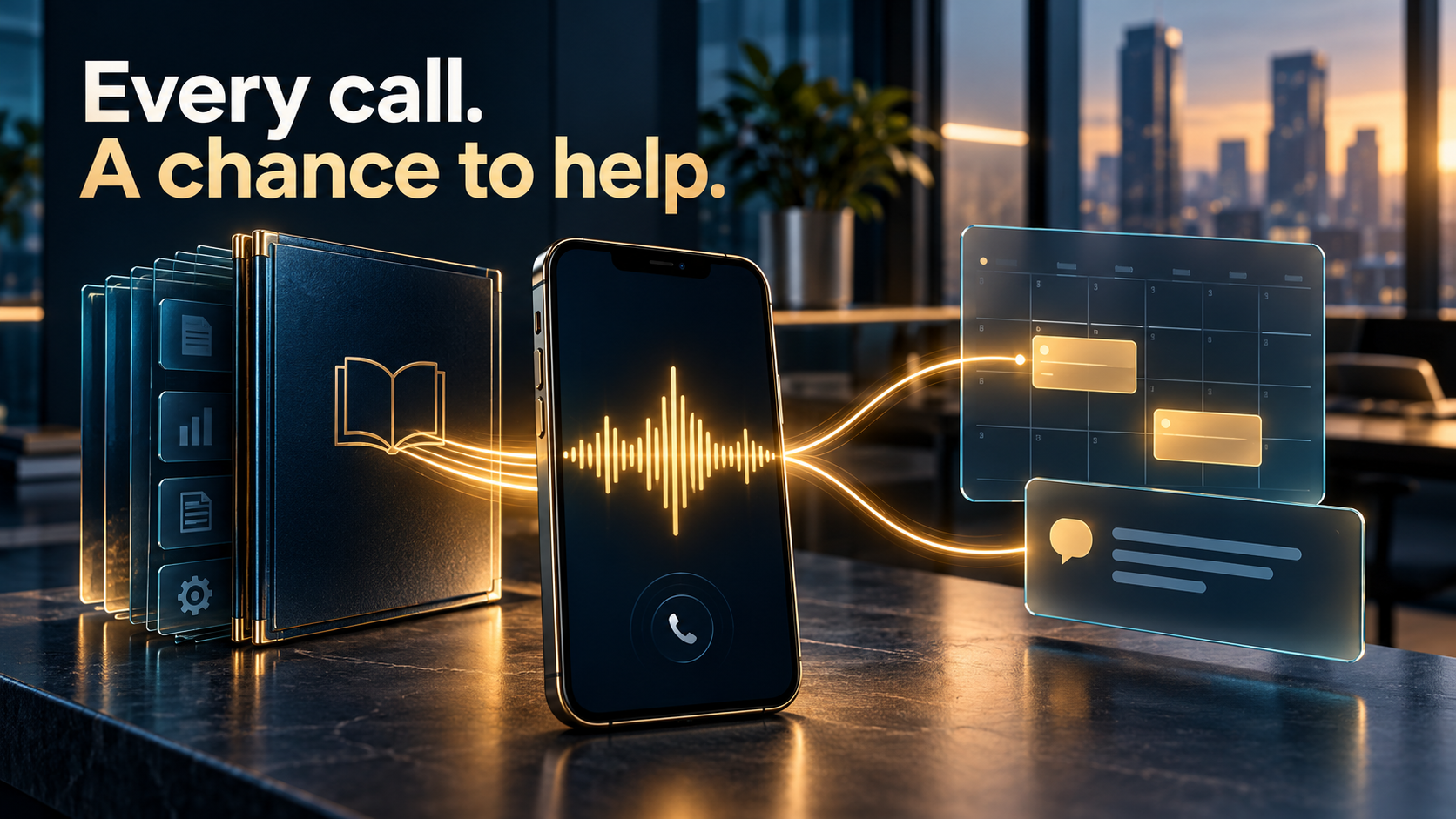 AI Voice concept advertisement: Every call. A chance to help. Company knowledge connects with a phone conversation, calendar and message.
