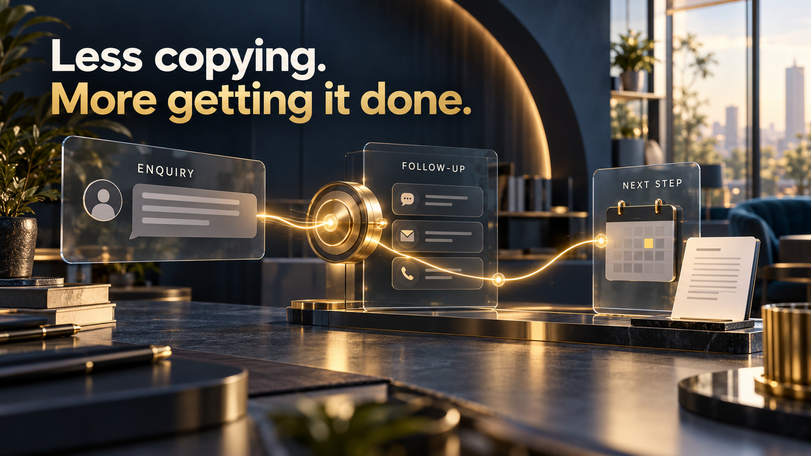 Designed workflow concept: an enquiry moves through connected business tools into organised customer work.