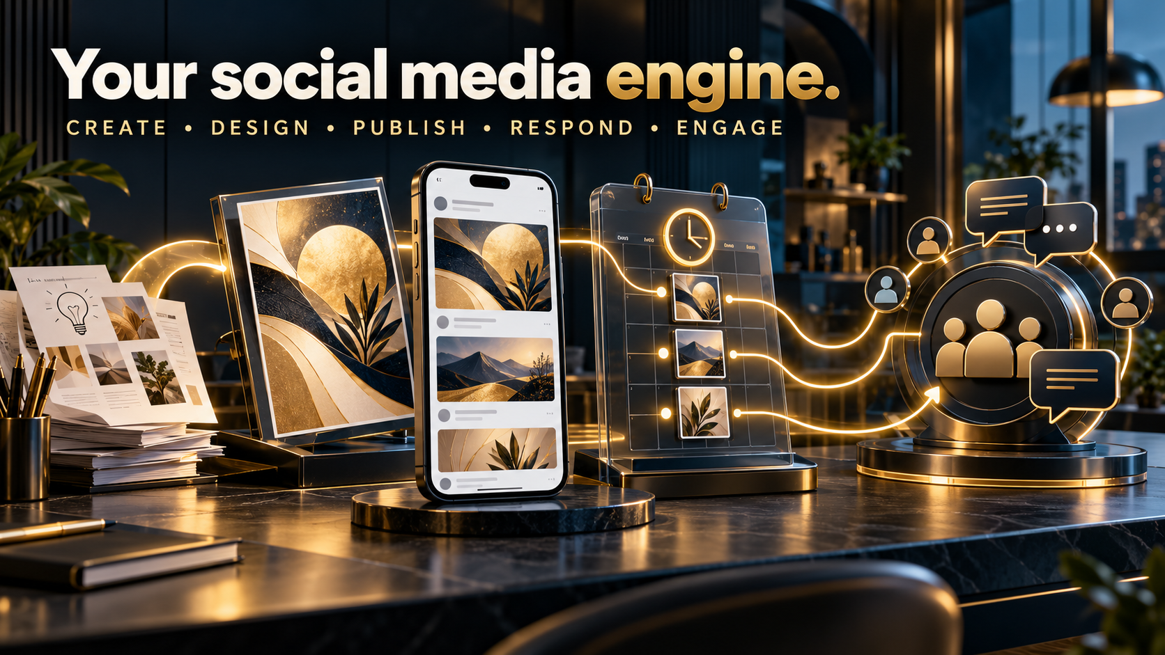 Social Publisher concept: designed posts and a phone feed connect through a scheduling calendar to audience conversations. Text reads Your social media engine. Create, design, publish, respond, engage.
